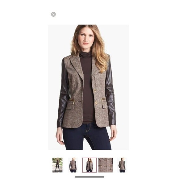 Michael Kors Women Jacket Brown Faux Leather Sleeve Tweed Size 4 - Picture 2 of 12